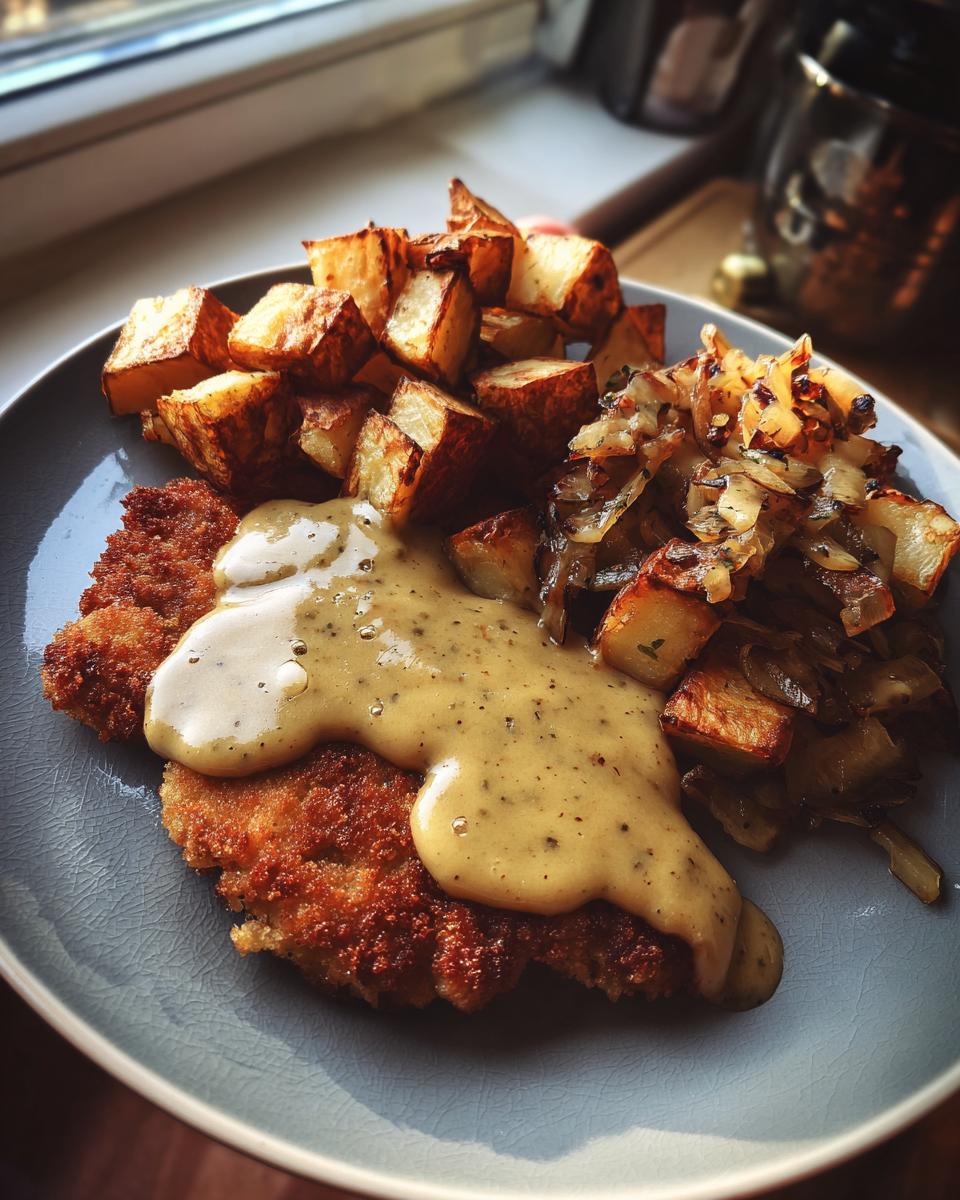 Ein knuspriges Bierschnitzel mit Malzbiersauce und goldbraunen Röstkartoffeln auf einem Teller.