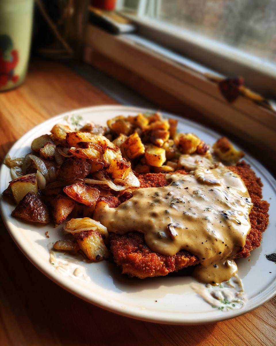 Ein köstliches Bierschnitzel mit Malzbiersauce und knusprigen Röstkartoffeln auf einem Teller.