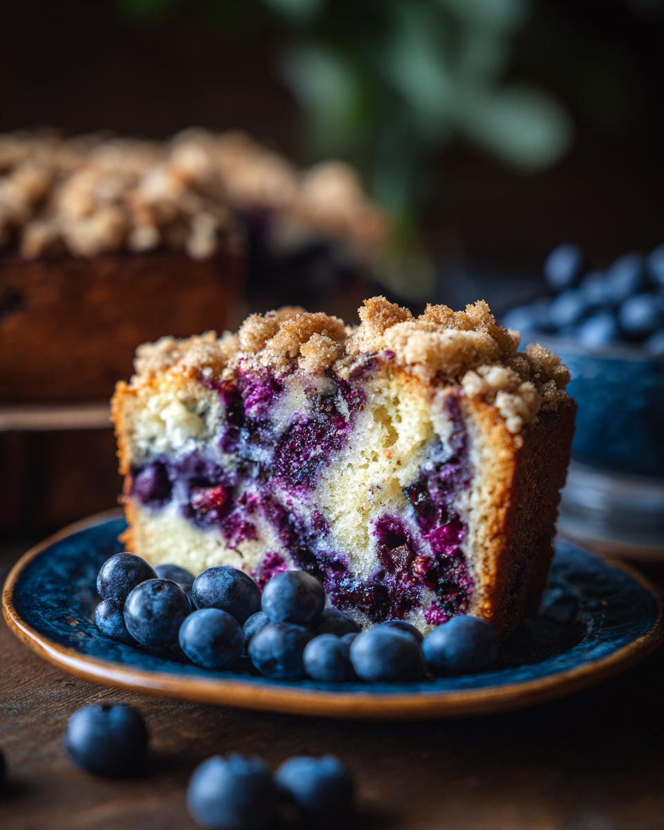 Ein saftiges Stück Blueberry Muffin Crumble Cake mit viel lila Fruchtfleisch und knuspriger Streuseldecke auf einem blauen Teller.