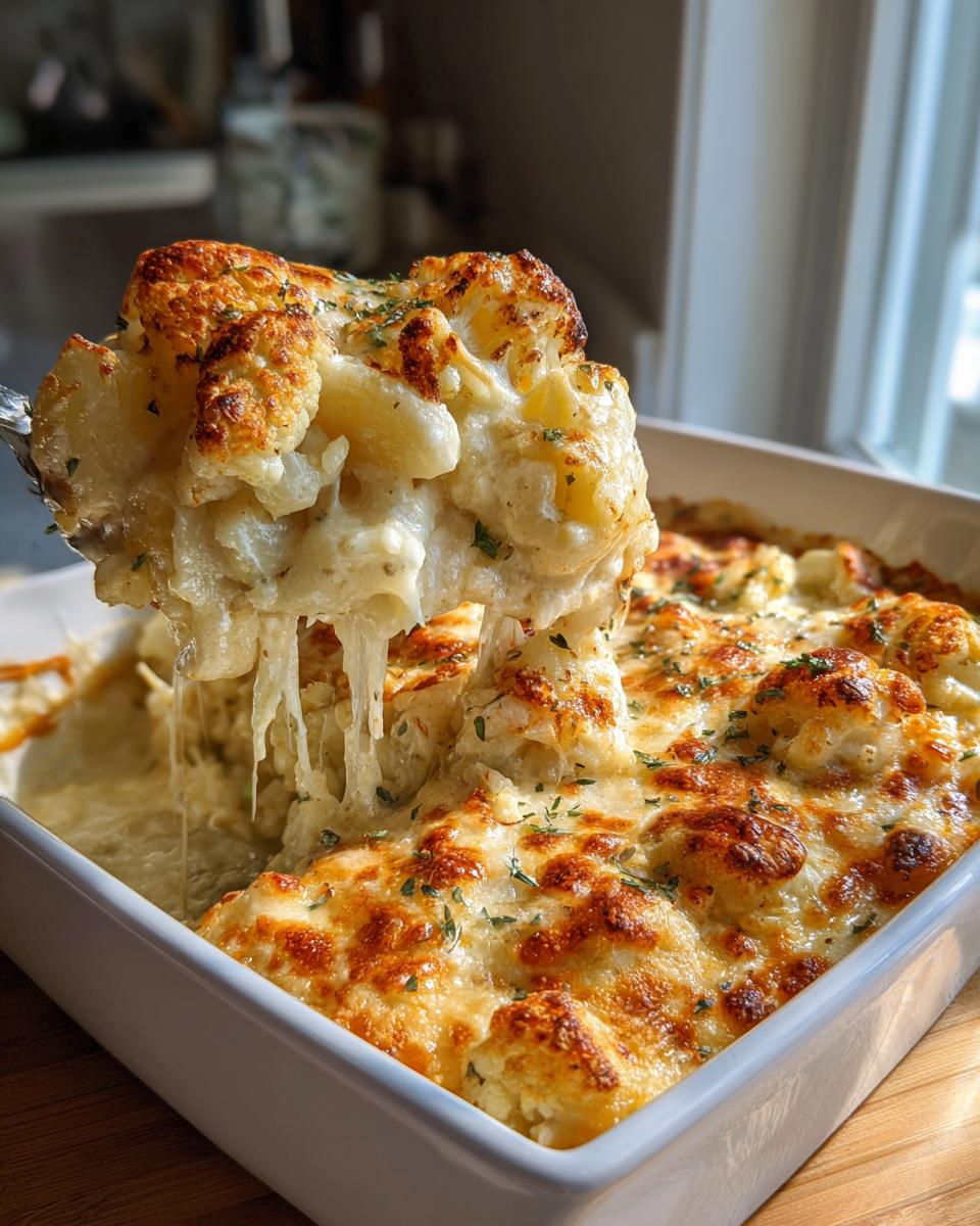 Eine Portion cremiger Blumenkohl-Kartoffel-Auflauf mit Rahmsauce, überbacken mit goldbraunem Käse und bestreut mit Petersilie.
