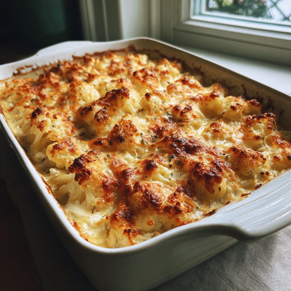 Nahaufnahme eines frisch gebackenen Blumenkohl-Kartoffel-Auflaufs mit einer herrlich goldbraunen Käsekruste in einer weißen Auflaufform.