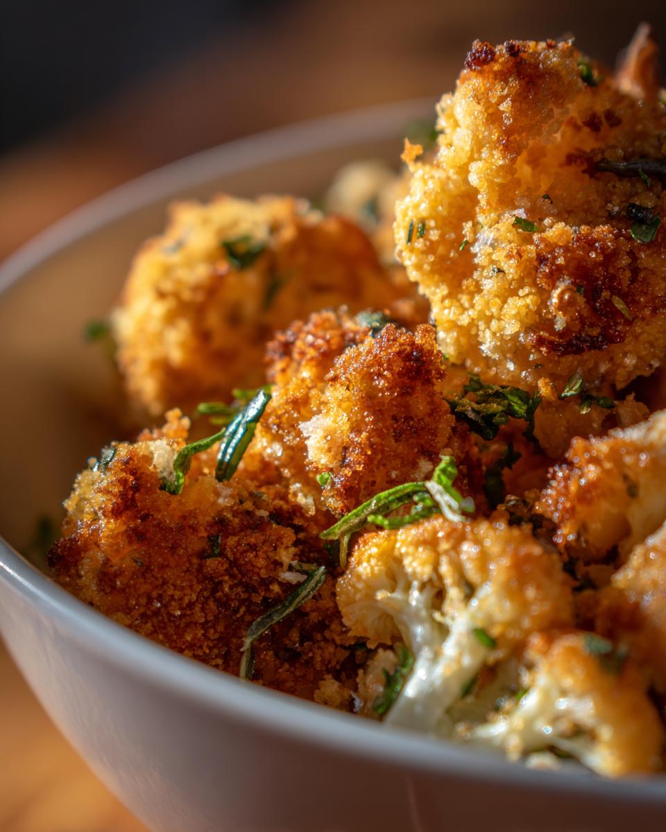 Nahaufnahme von knusprig gebratenem Blumenkohl mit Semmelbröseln und Butter, garniert mit Kräutern.