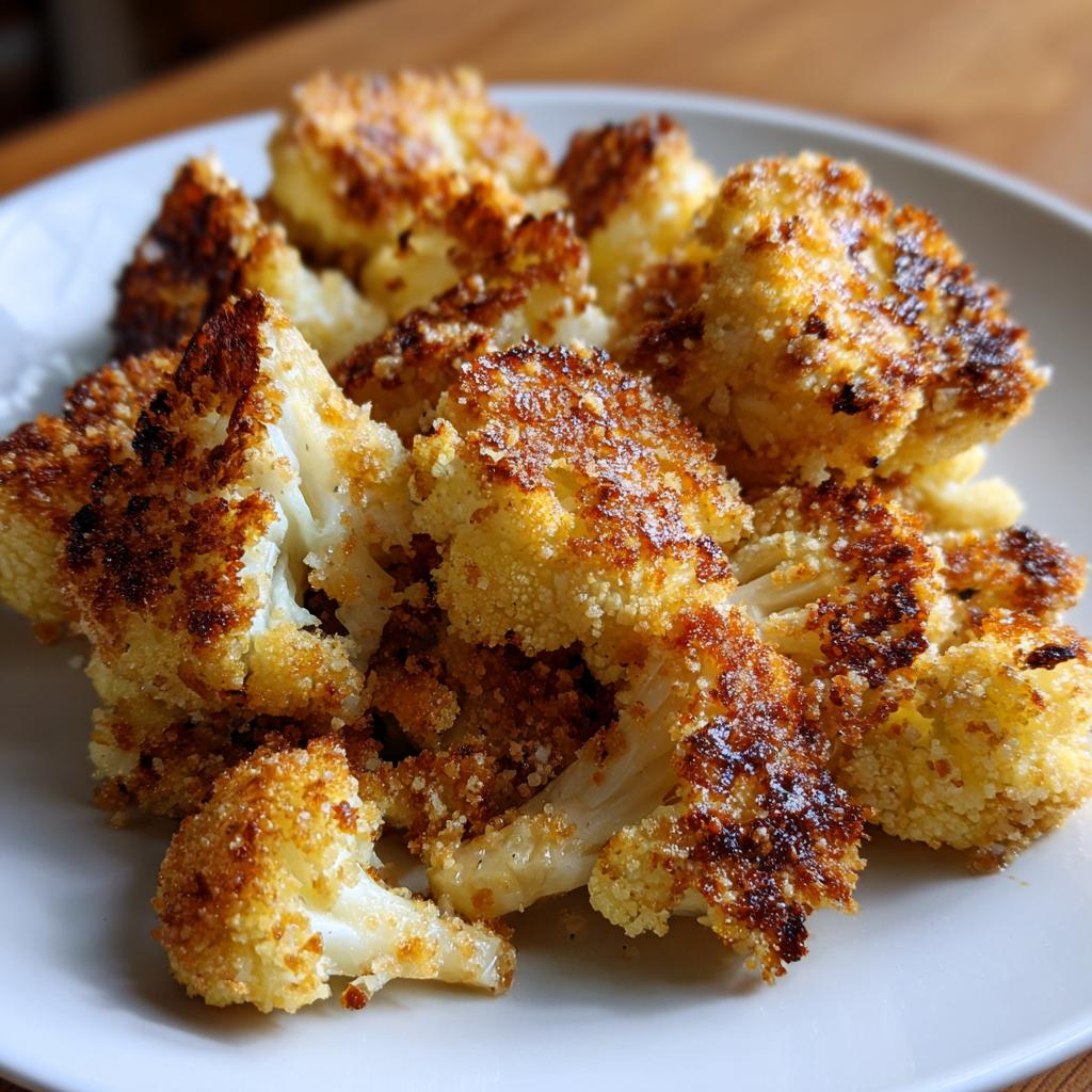 Nahaufnahme von goldbraun gebackenem Blumenkohl mit Semmelbröseln und Butter, serviert auf einem Teller.