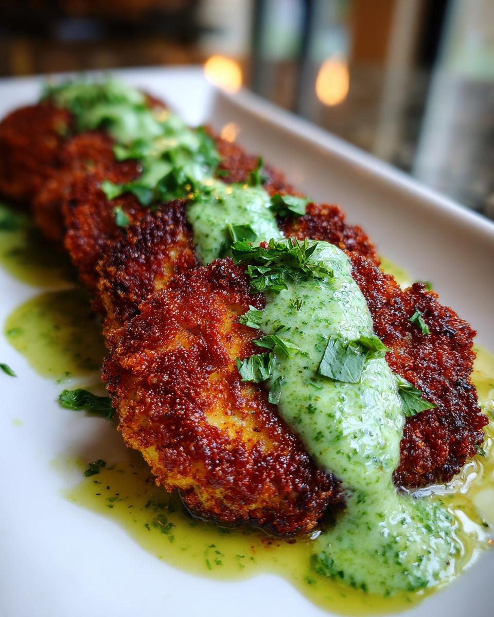 Goldbraune, knusprige Blumenkohl-Schnitzel (vegetarisch) serviert mit einer cremigen Petersiliensauce.