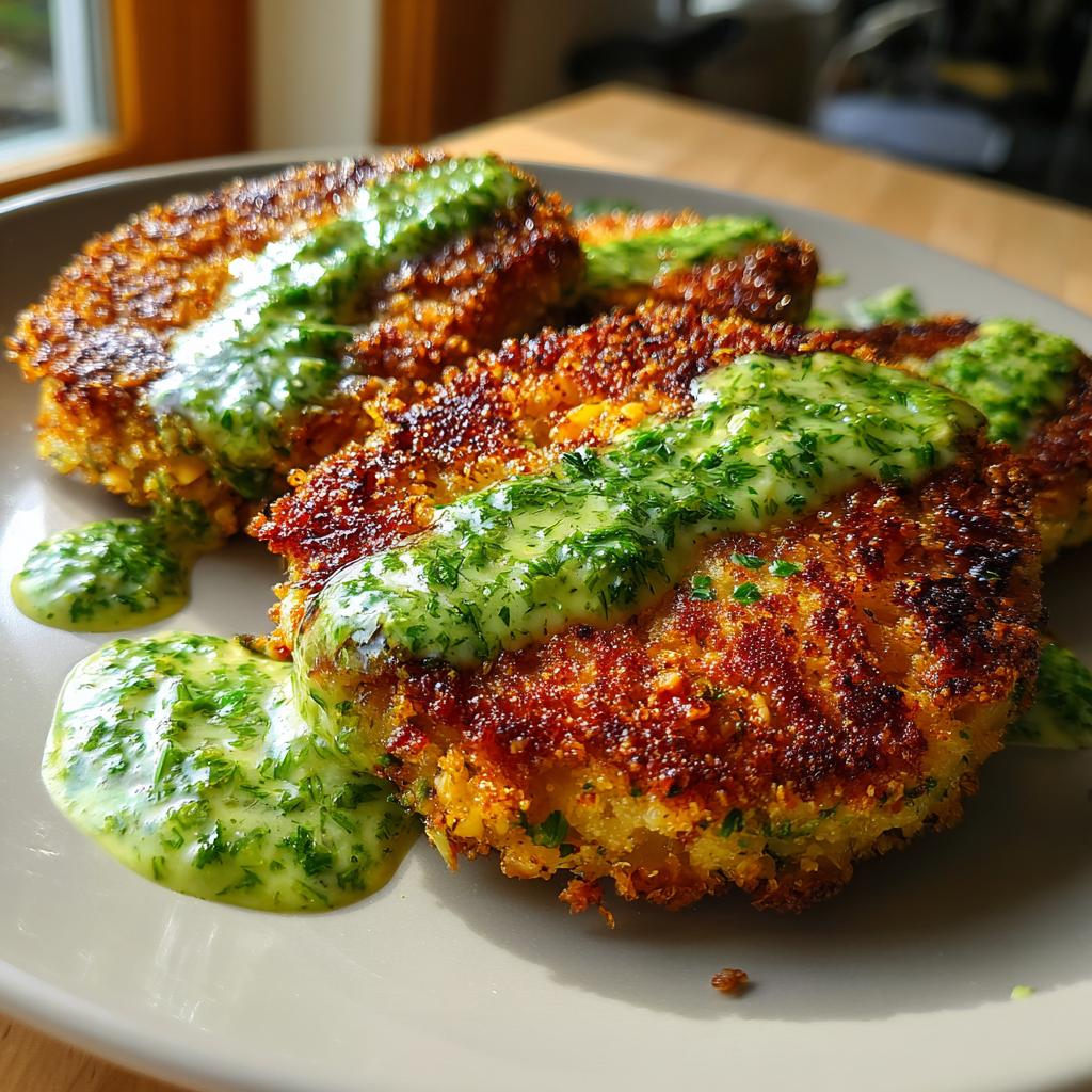 Nahaufnahme von drei goldbraunen, knusprigen Blumenkohl-Schnitzeln, übergossen mit einer leuchtend grünen Petersiliensauce.