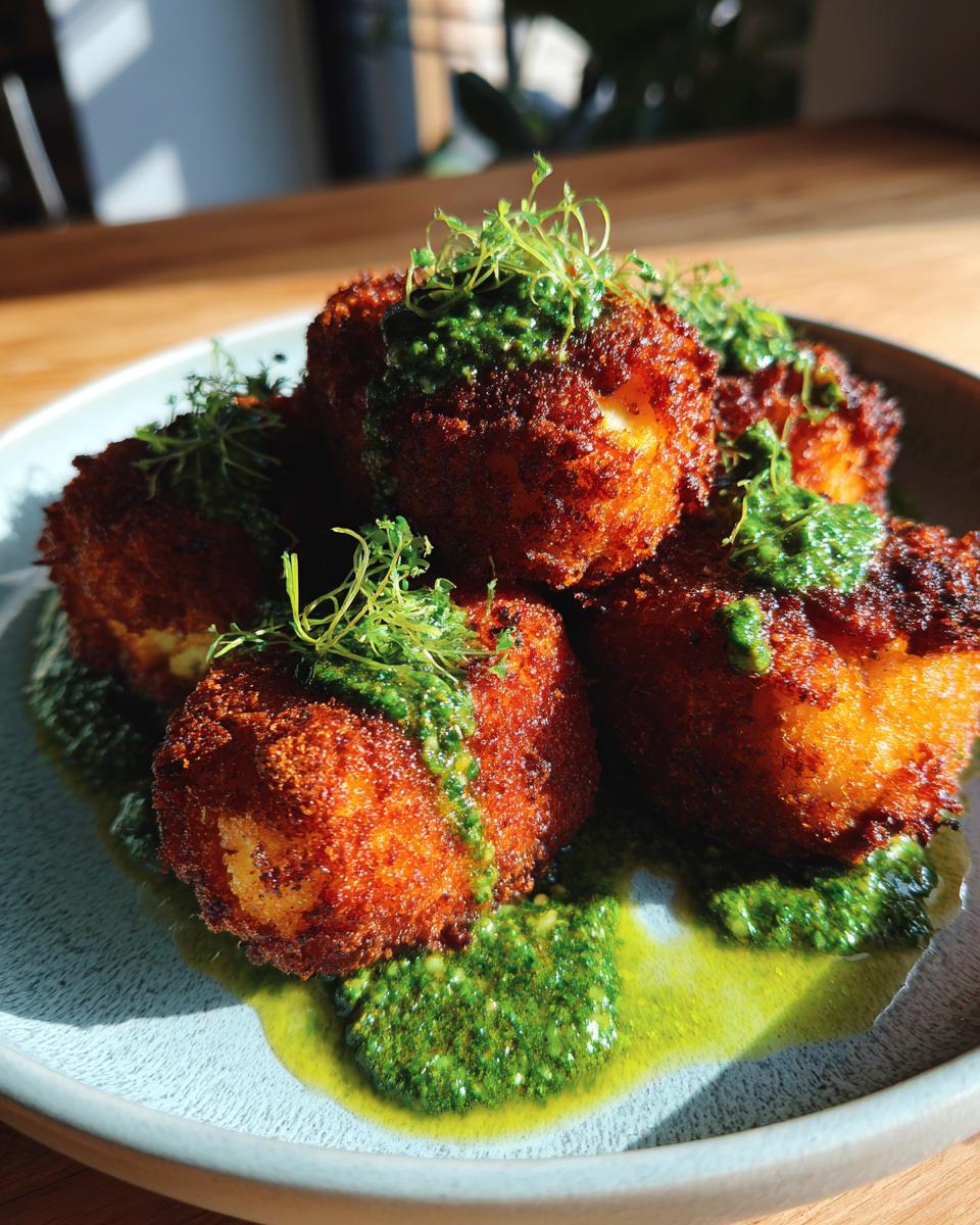 Goldbraun frittierte Blumenkohl-Schnitzel (vegetarisch) mit leckerer Petersiliensauce und frischen Kräutern garniert.