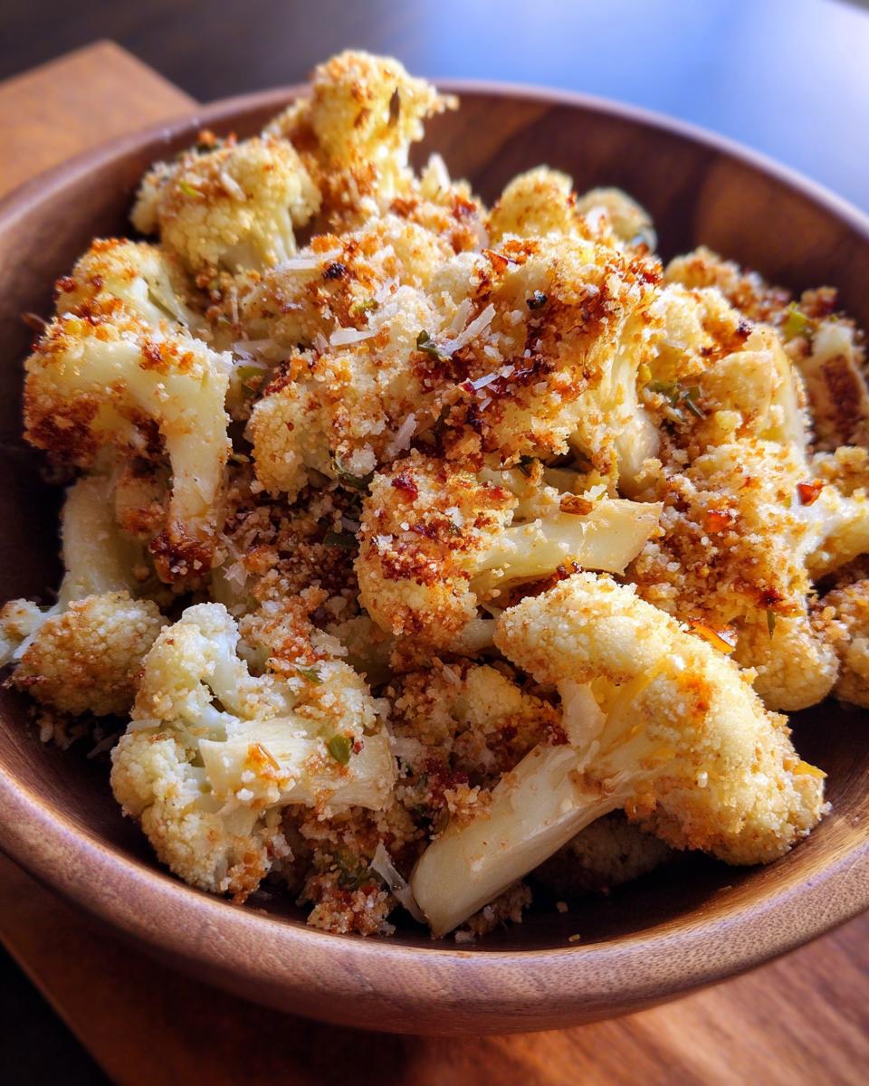 Nahaufnahme von zartem Blumenkohl mit goldbraunen Semmelbröseln und Butter in einer Holzschüssel.