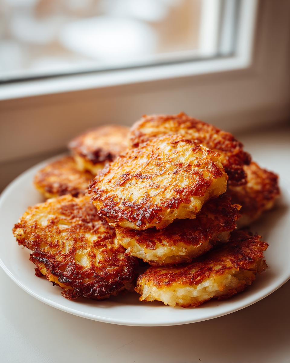 Ein Stapel frisch gebratener Bramboráky – Kartoffelpuffer mit Knoblauch – auf einem weißen Teller.