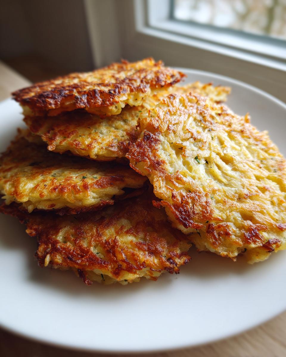 Ein Stapel goldbraun gebratener Bramboráky – Kartoffelpuffer mit Knoblauch, auf einem weißen Teller.