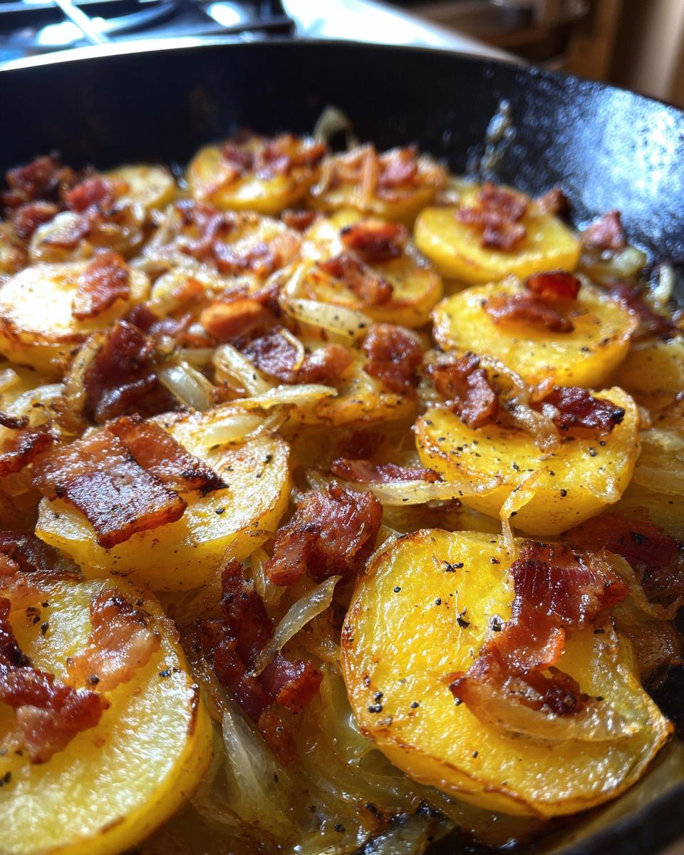 Leckere Bratkartoffeln mit Speck und Zwiebeln, goldbraun gebraten in einer Pfanne.