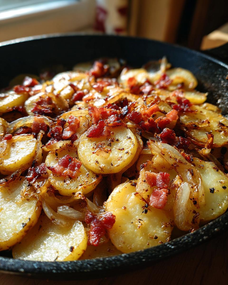 Nahaufnahme von goldbraunen Bratkartoffeln mit Speckwürfeln und Zwiebeln in einer Pfanne.