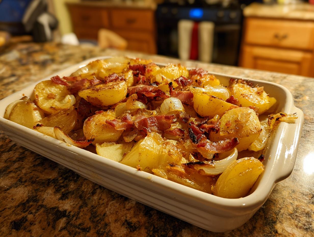 Nahaufnahme von frisch gebackenen Bratkartoffeln mit Speck und Zwiebeln in einer Auflaufform.