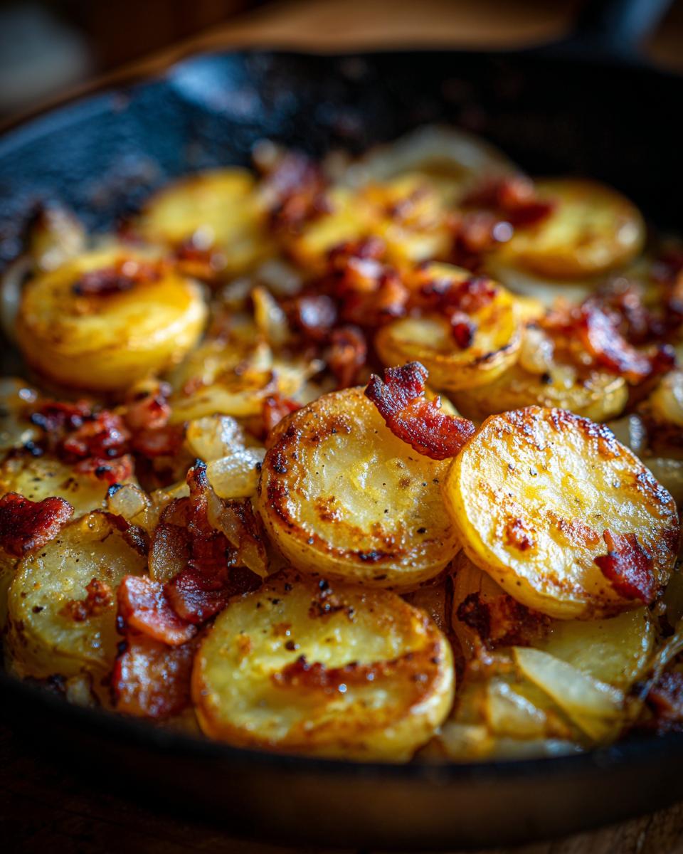 Nahaufnahme von goldbraunen Bratkartoffeln mit knusprigem Speck und karamellisierten Zwiebeln in einer Gusseisenpfanne.