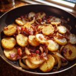 Nahaufnahme von goldbraunen Bratkartoffeln mit knusprigem Speck und karamellisierten Zwiebeln in einer Pfanne.