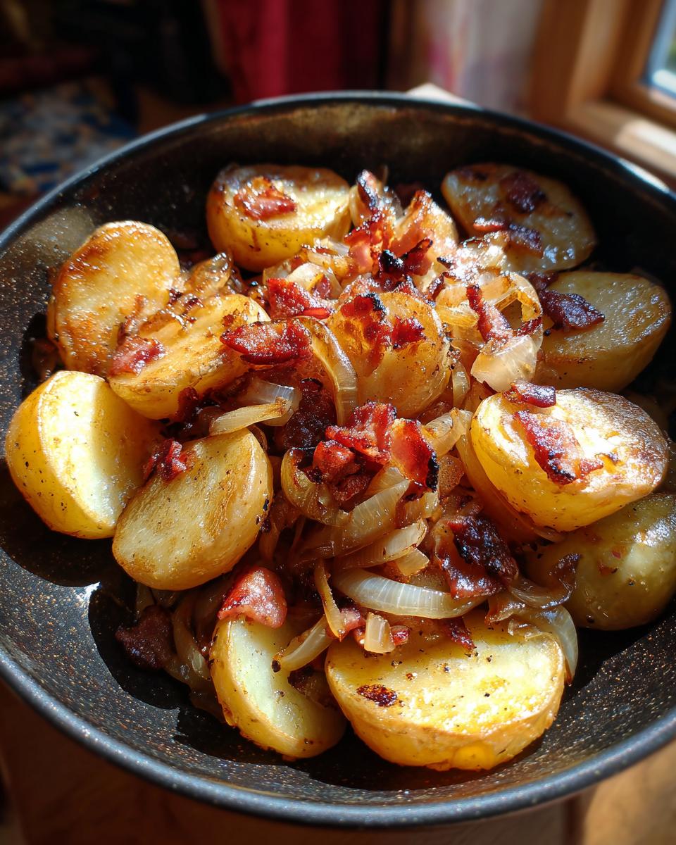 Eine Schüssel mit goldbraunen Bratkartoffeln, durchwachsenem Speck und karamellisierten Zwiebeln, perfekt für Bratkartoffeln mit Speck und Zwiebeln.