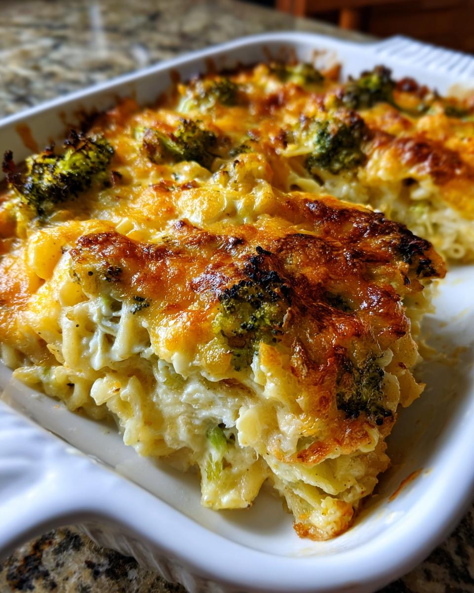 Nahaufnahme eines goldbraun überbackenen Brokkoli-Käse-Nudelauflaufs in einer Auflaufform.