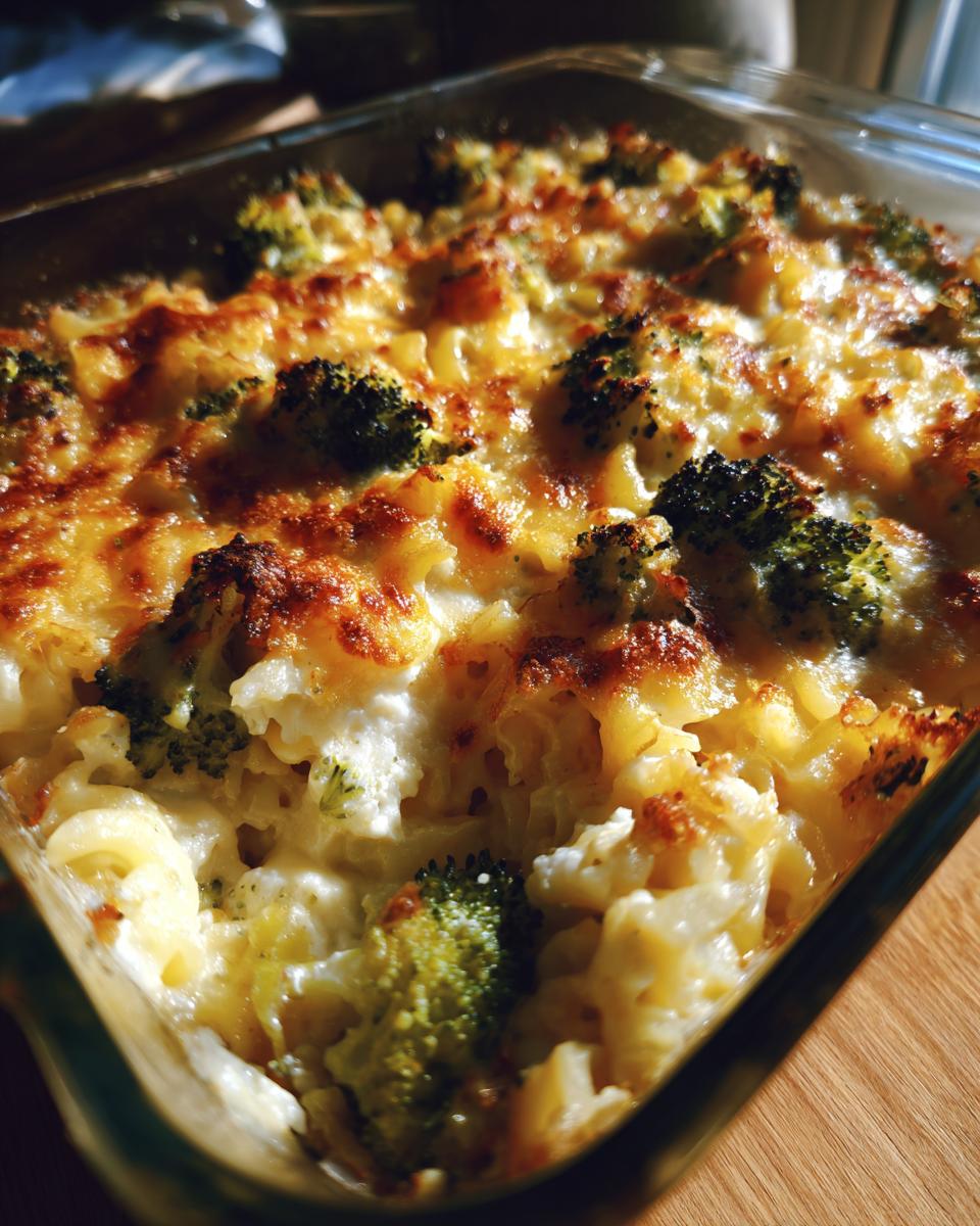 Nahaufnahme eines goldbraun überbackenen Brokkoli-Käse-Nudelauflaufs in einer Auflaufform.