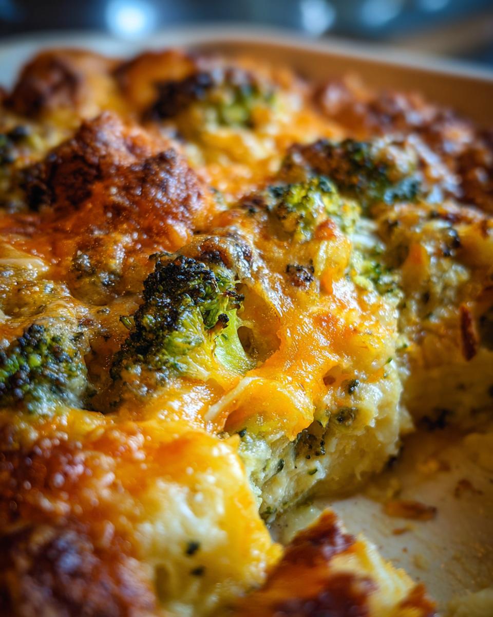 Nahaufnahme eines goldbraunen Brokkoli-Käse-Nudelauflaufs mit geschmolzenem Käse und zarten Brokkoliröschen.