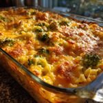 Nahaufnahme eines frisch gebackenen Brokkoli-Käse-Nudelauflaufs mit goldbrauner Käsekruste.