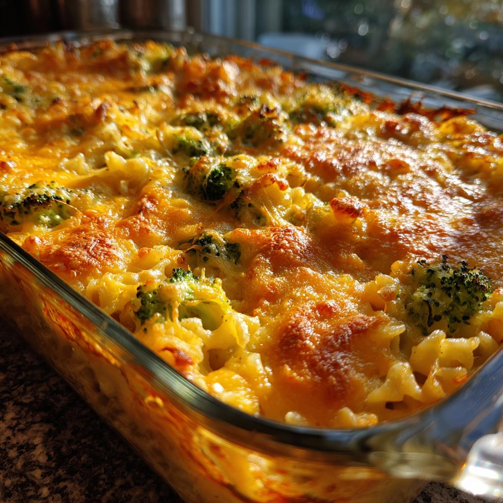 Nahaufnahme eines frisch gebackenen Brokkoli-Käse-Nudelauflaufs mit goldbrauner Käsekruste.