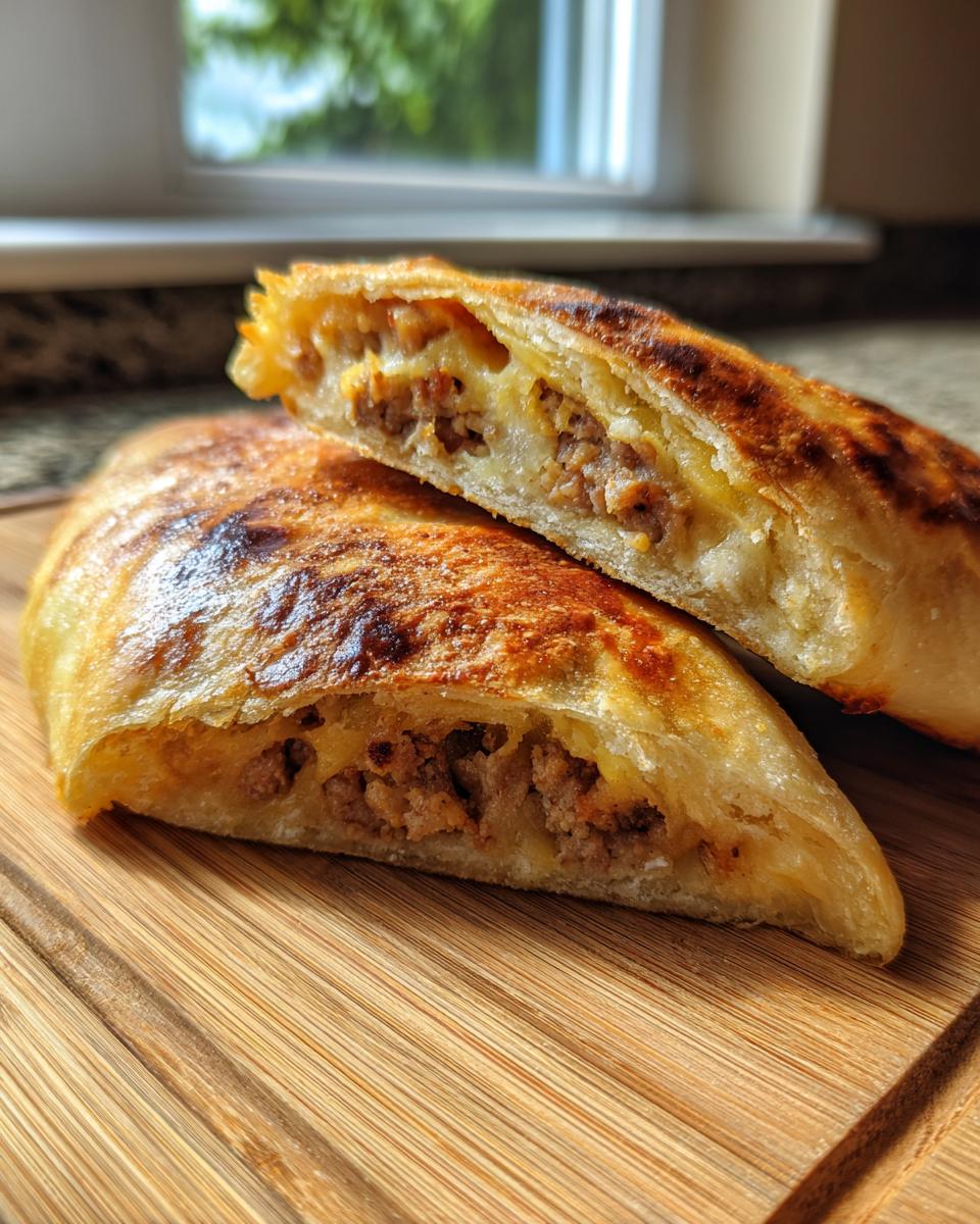 Ein aufgeschnittener Burek mit Hackfleischfüllung auf einem Holzbrett, goldbraun gebacken.