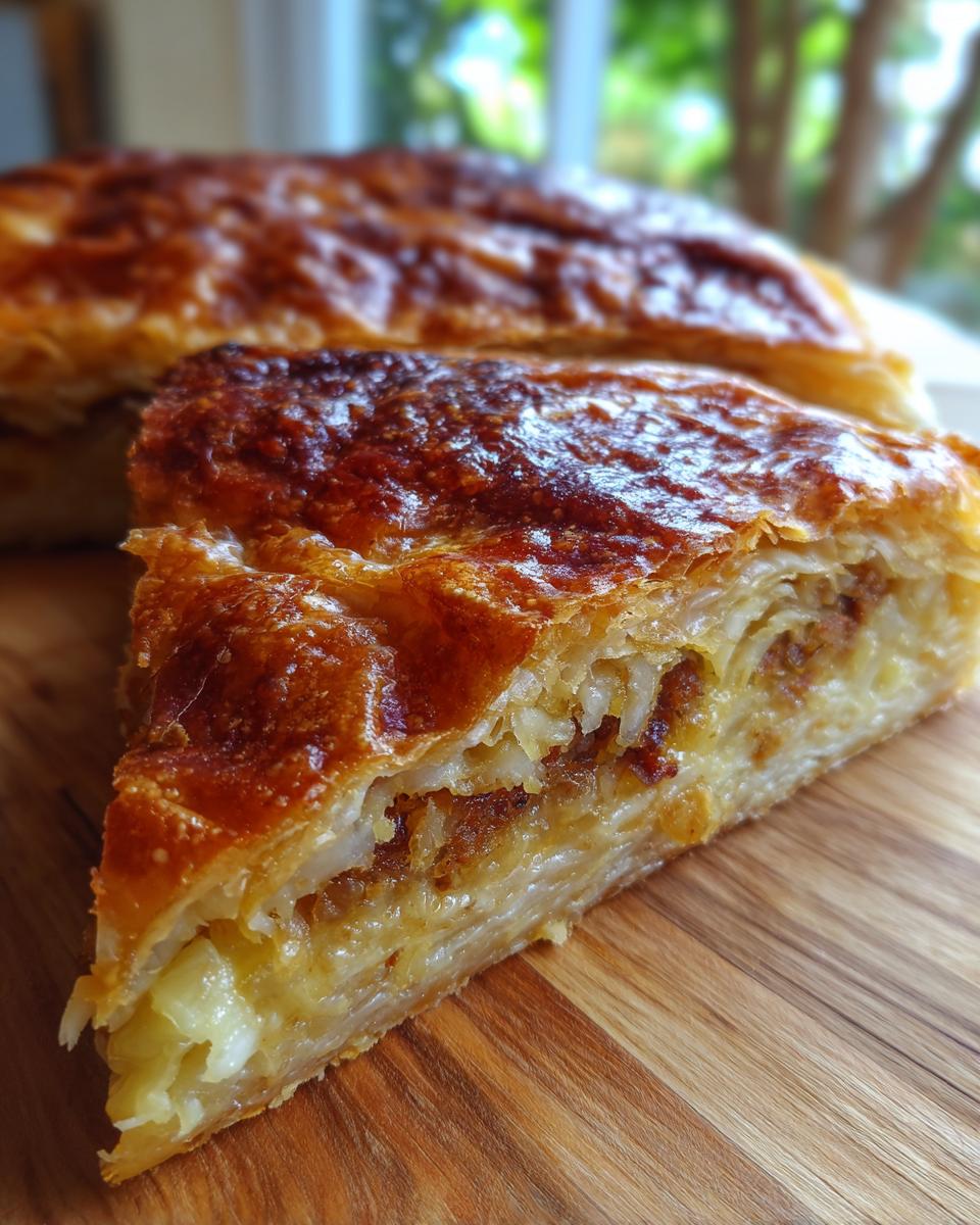 Ein Stück Burek mit Hackfleischfüllung auf einem Holzbrett, mit knusprigem Teig und saftiger Füllung.