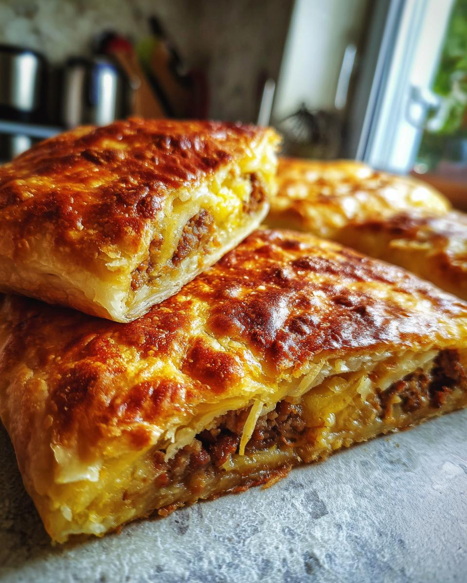 Nahaufnahme von Burek mit Hackfleischfüllung, goldbraun gebacken und saftig.