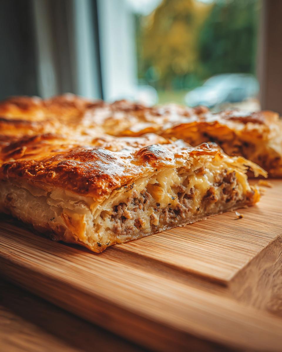 Nahaufnahme eines Stücks Burek mit Hackfleischfüllung, das auf einem Holzbrett liegt. Der Teig ist goldbraun und knusprig.