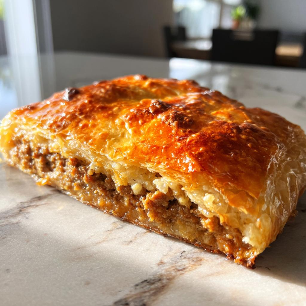 Nahaufnahme eines Stücks Burek mit Hackfleischfüllung, goldbraun gebacken.