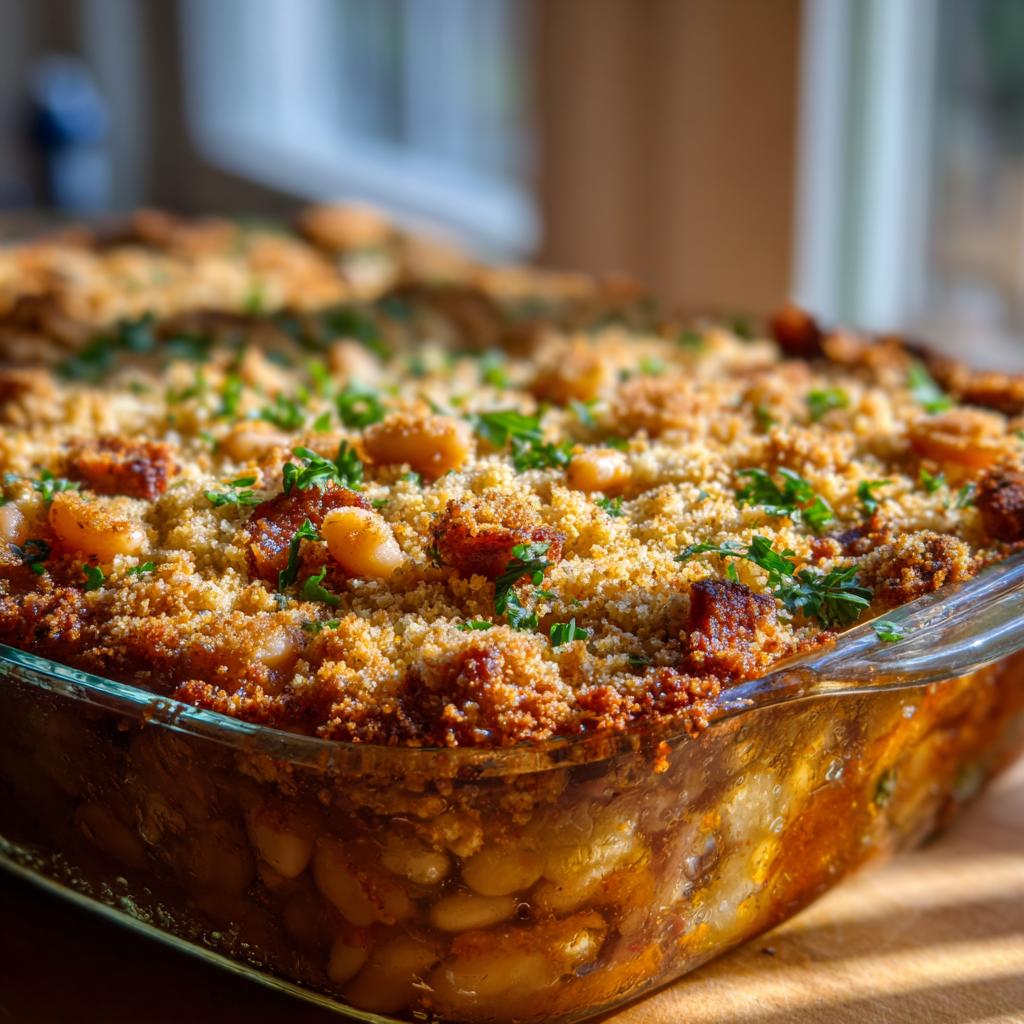 Nahaufnahme eines frisch gebackenen Cassoulet mit weißen Bohnen und goldbrauner Kruste.