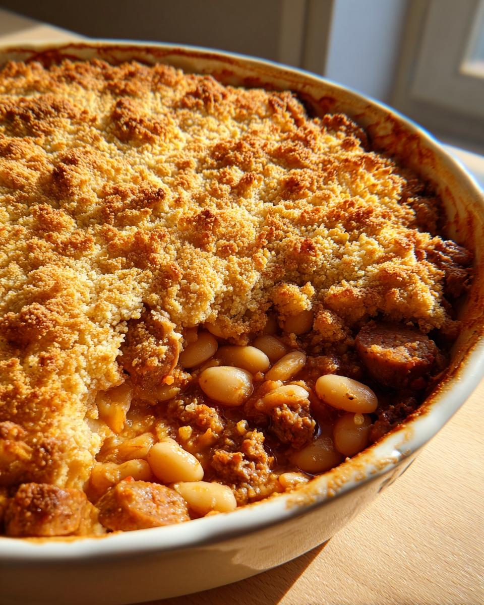 Nahaufnahme eines frisch gebackenen Cassoulet mit weißen Bohnen und knuspriger Kruste.