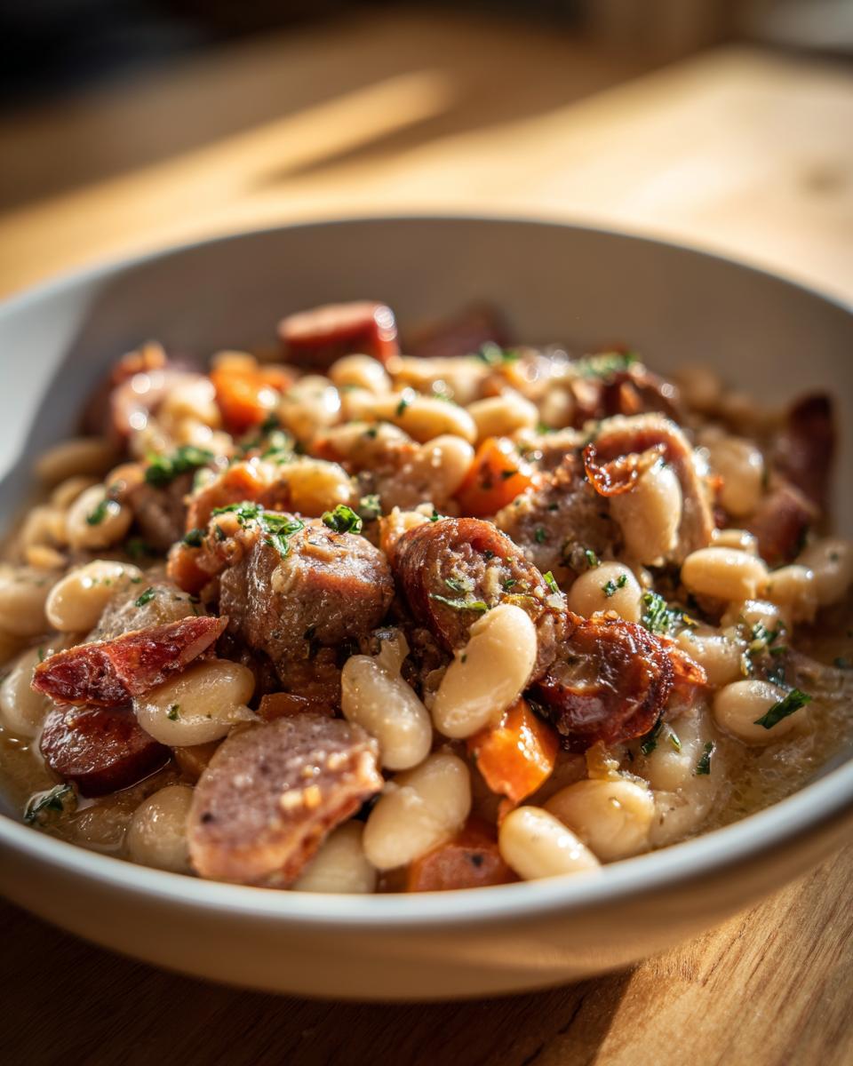 Nahaufnahme einer Schüssel mit herzhaftem Cassoulet mit weißen Bohnen, Fleischstücken und Kräutern.