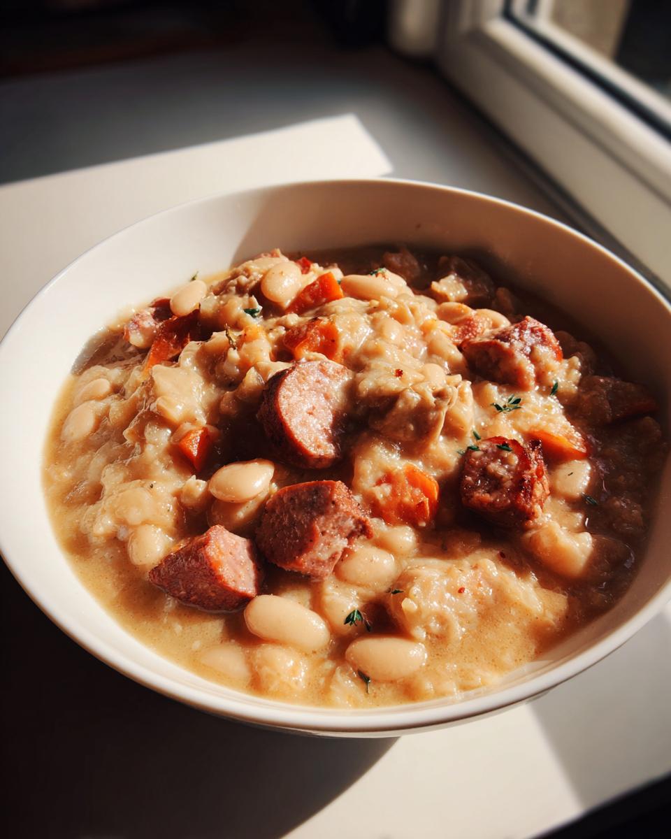 Eine Schüssel mit cremigem Cassoulet mit weißen Bohnen und Wurststücken, schön beleuchtet durch Tageslicht.