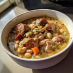 Eine Schüssel mit herzhaftem Cassoulet mit weißen Bohnen, Wurststücken und frischer Petersilie.