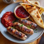 Saftige Ćevapčići mit würzigem Ajvar und fluffigem Fladenbrot, garniert mit Petersilie.