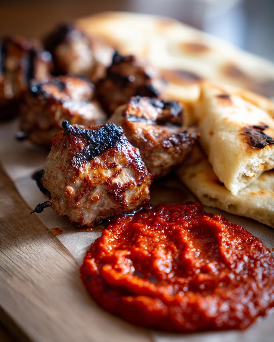 Saftige Ćevapčići mit Ajvar und Fladenbrot, perfekt gegrillt und bereit zum Genießen.