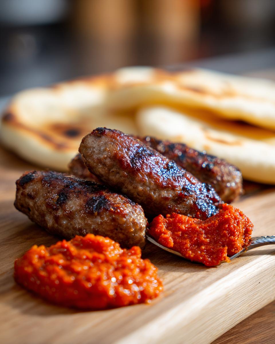 Saftige Ćevapčići mit würzigem Ajvar und Fladenbrot auf einem Holzbrett serviert.