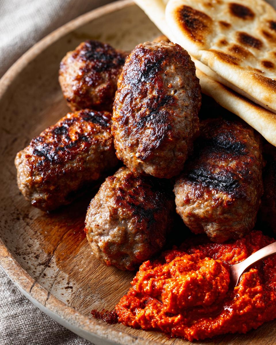 Saftige Ćevapčići mit würzigem Ajvar und Fladenbrot auf einem Holzteller, perfekt gegrillt.