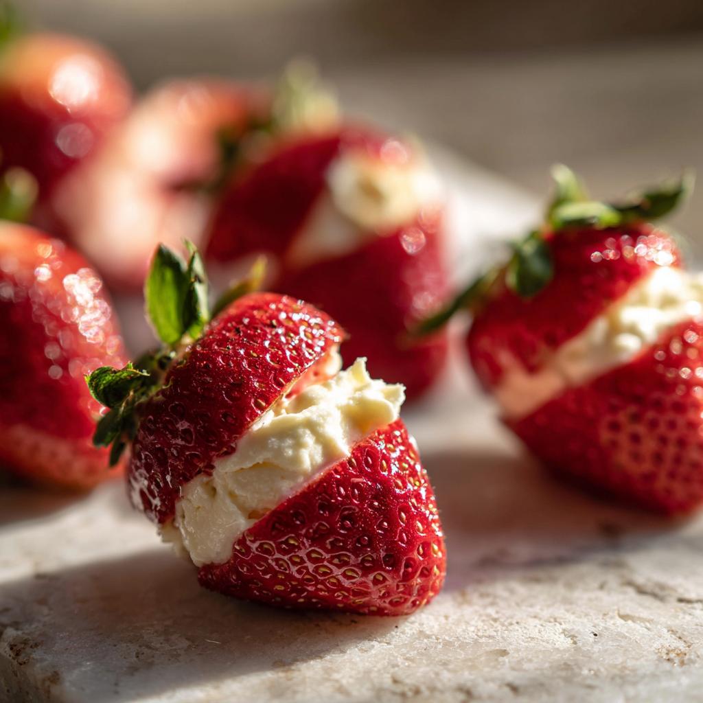 Nahaufnahme einer leuchtend roten Erdbeere, gefüllt mit cremiger Käsekuchenfüllung – perfekte Cheesecake-Stuffed Strawberries.