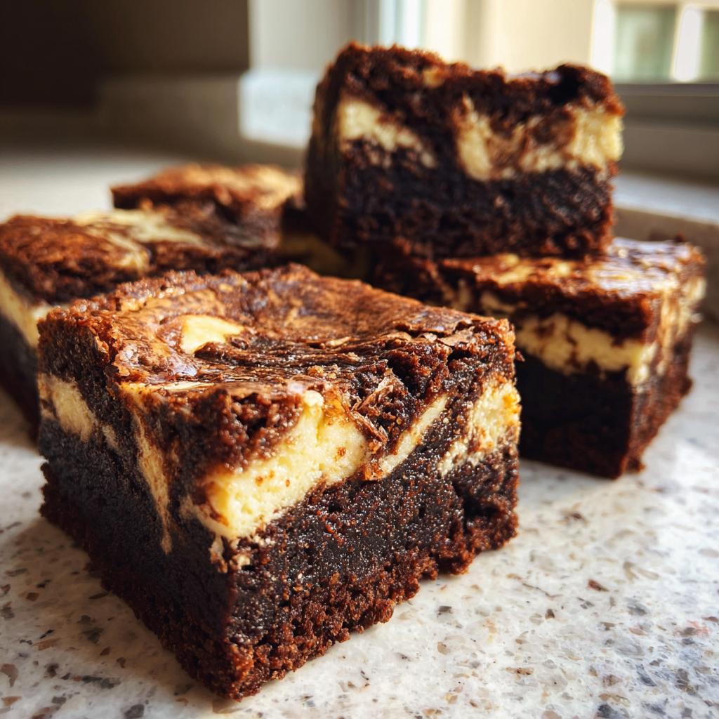 Mehrere saftige Stücke Cheesecake Swirl Brownies mit dunklem Schokoladenboden und cremiger Käsekuchenmasse.