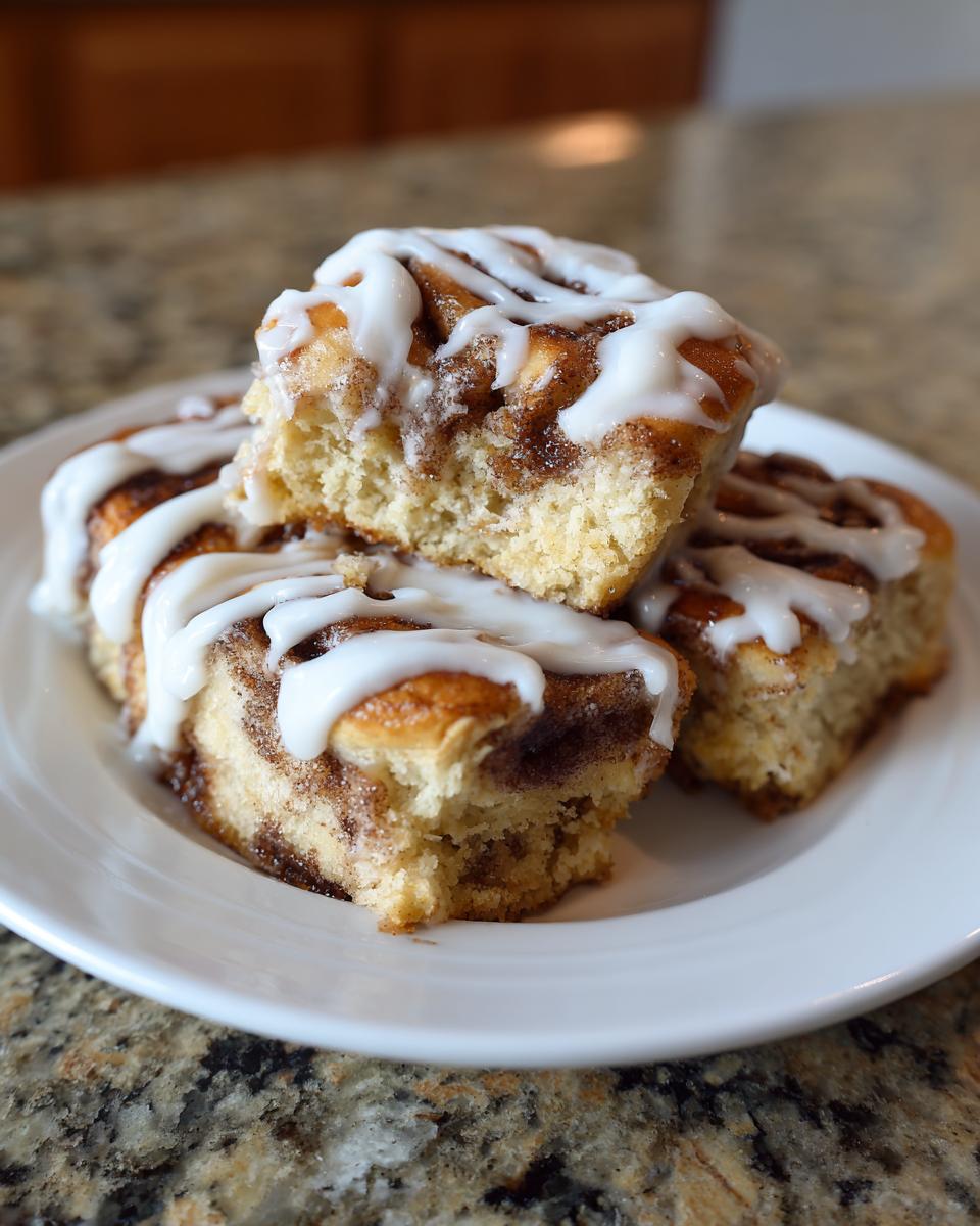 Drei saftige Cinnamon Rolls mit reichlich weißem Zuckerguss auf einem weißen Teller gestapelt.