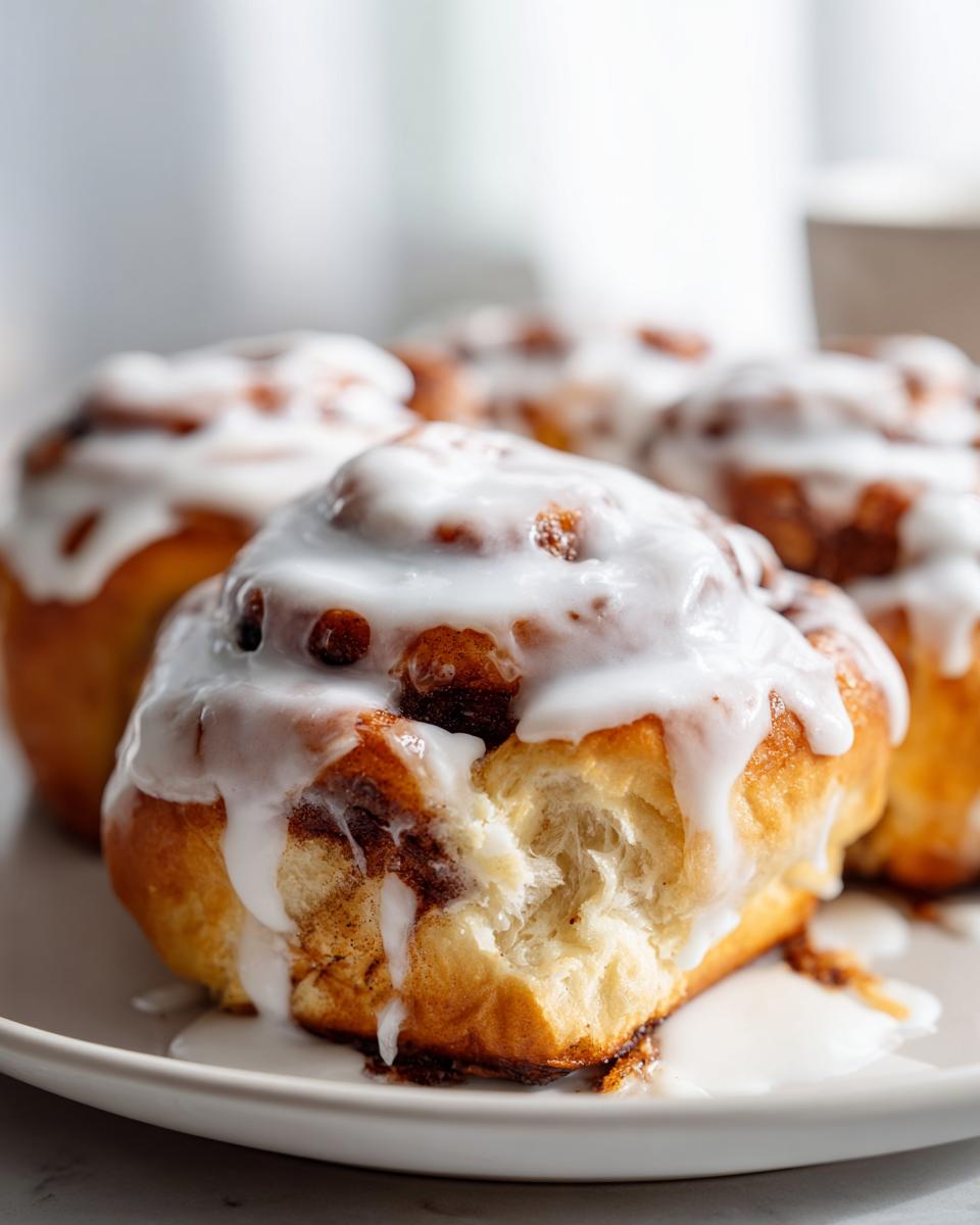 Nahaufnahme von saftigen Cinnamon Rolls, bedeckt mit cremigem Zuckerguss, einer ist angebissen.