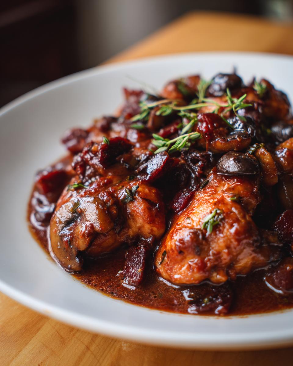 Nahaufnahme von saftigem Coq au Vin mit Pilzen und Kräutern in einer tiefroten Sauce.
