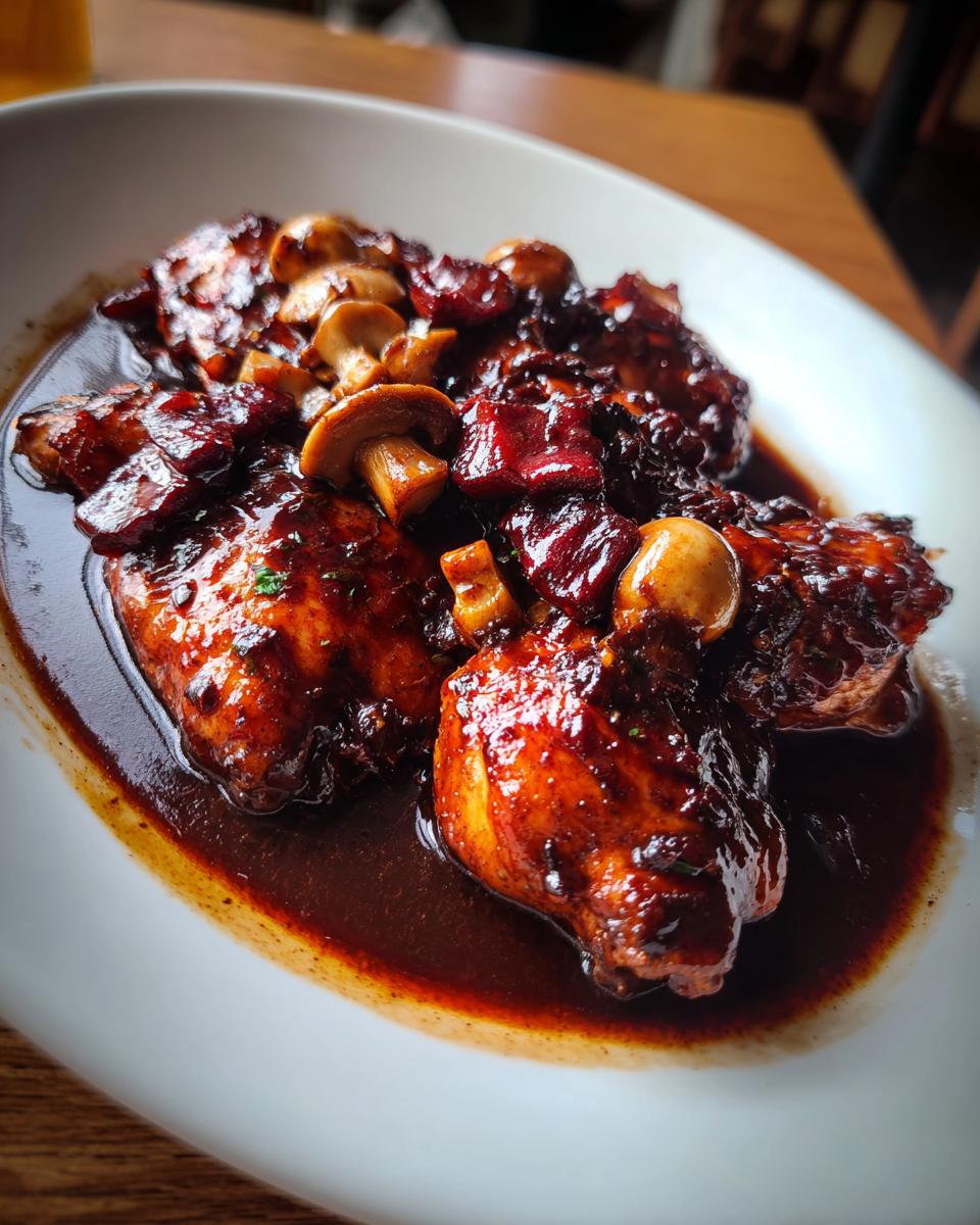 Nahaufnahme von saftigem Coq au Vin in einer tiefen, dunklen Rotweinsauce mit Champignons.