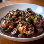 Nahaufnahme von saftigem Coq au Vin in einer weißen Schale, üppig mit Pilzen und Speckstücken.