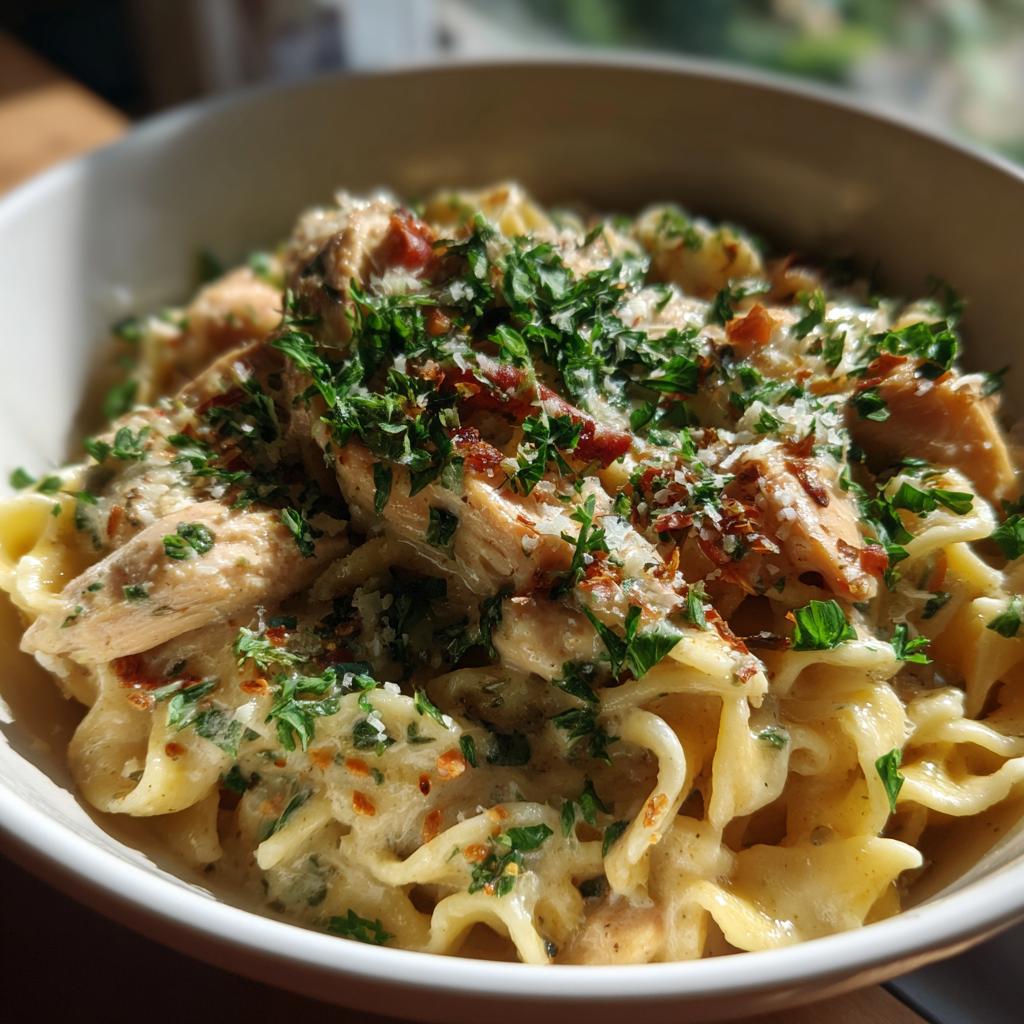 Nahaufnahme einer Schüssel mit cremiger Knoblauch-Parmesan-Pasta mit Hähnchen, garniert mit Petersilie und Parmesan.
