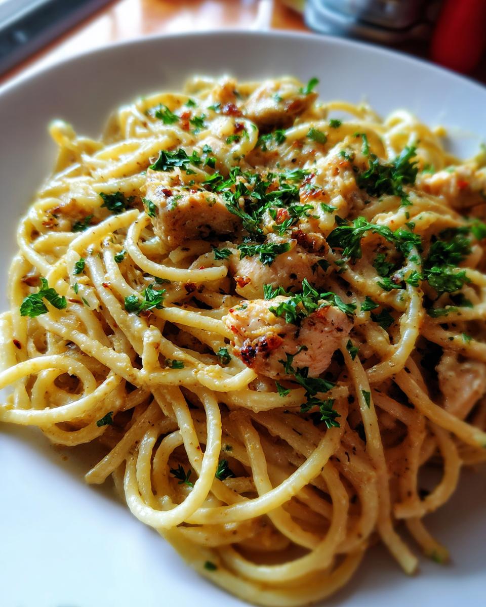 Nahaufnahme einer cremigen Knoblauch-Parmesan-Pasta mit zarten Hähnchenstücken und frischer Petersilie.