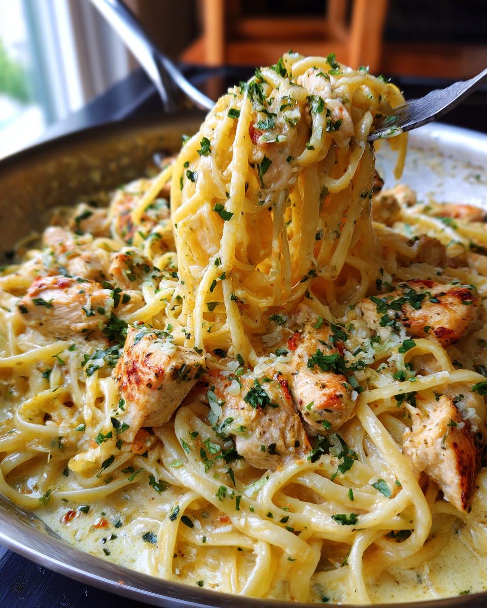 Nahaufnahme einer Gabel, die cremige Knoblauch-Parmesan-Pasta mit Hähnchen aufnimmt, garniert mit Petersilie.
