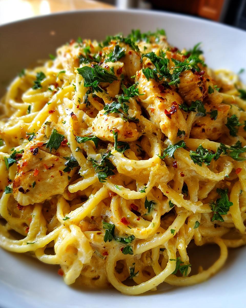 Nahaufnahme einer cremigen Knoblauch-Parmesan-Pasta mit Hähnchenstücken und frischer Petersilie.