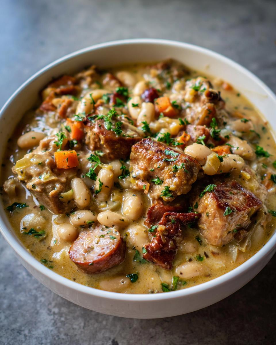 Nahaufnahme von cremigem Cassoulet mit weißen Bohnen, Wurststücken und frischer Petersilie in einer weißen Schüssel.